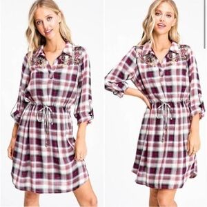 Skies Are Blue Tunic Mini Shirt Dress Sz Small Red Plaid Floral Embroidered